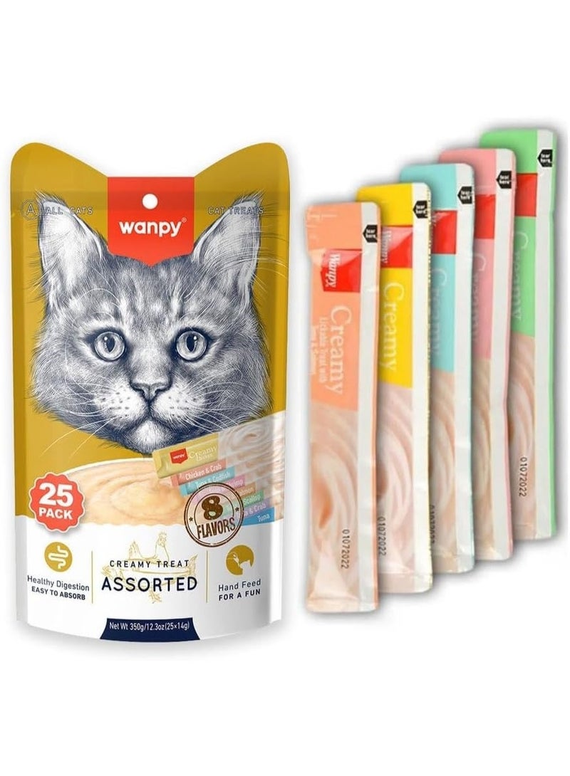Wanpy Creamy Lickable Cat Treats Mega Pack– 8 Gourmet Assorted Flavors – 25 Sticks per Pack (Pack of 6)  – Healthy Digestion & Easy to Absorb - Image 2